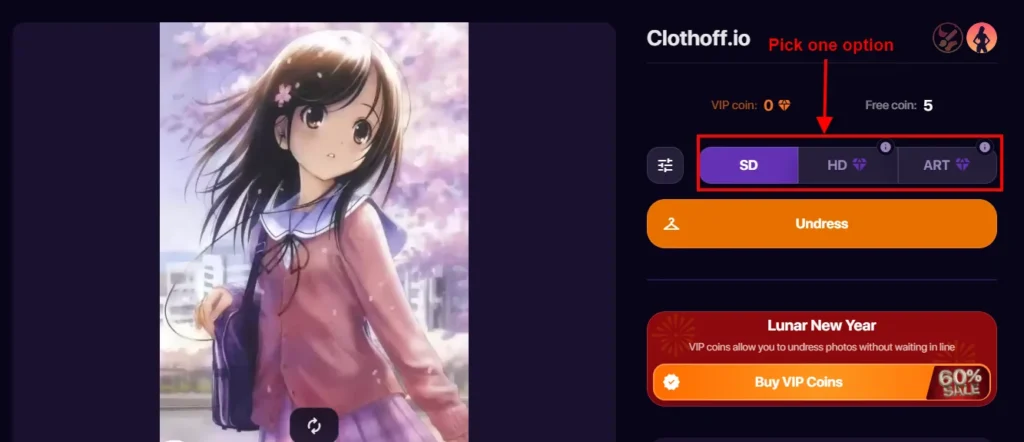 Select Undressing Type in Clothoff.io