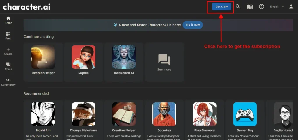 Select subscription on character ai